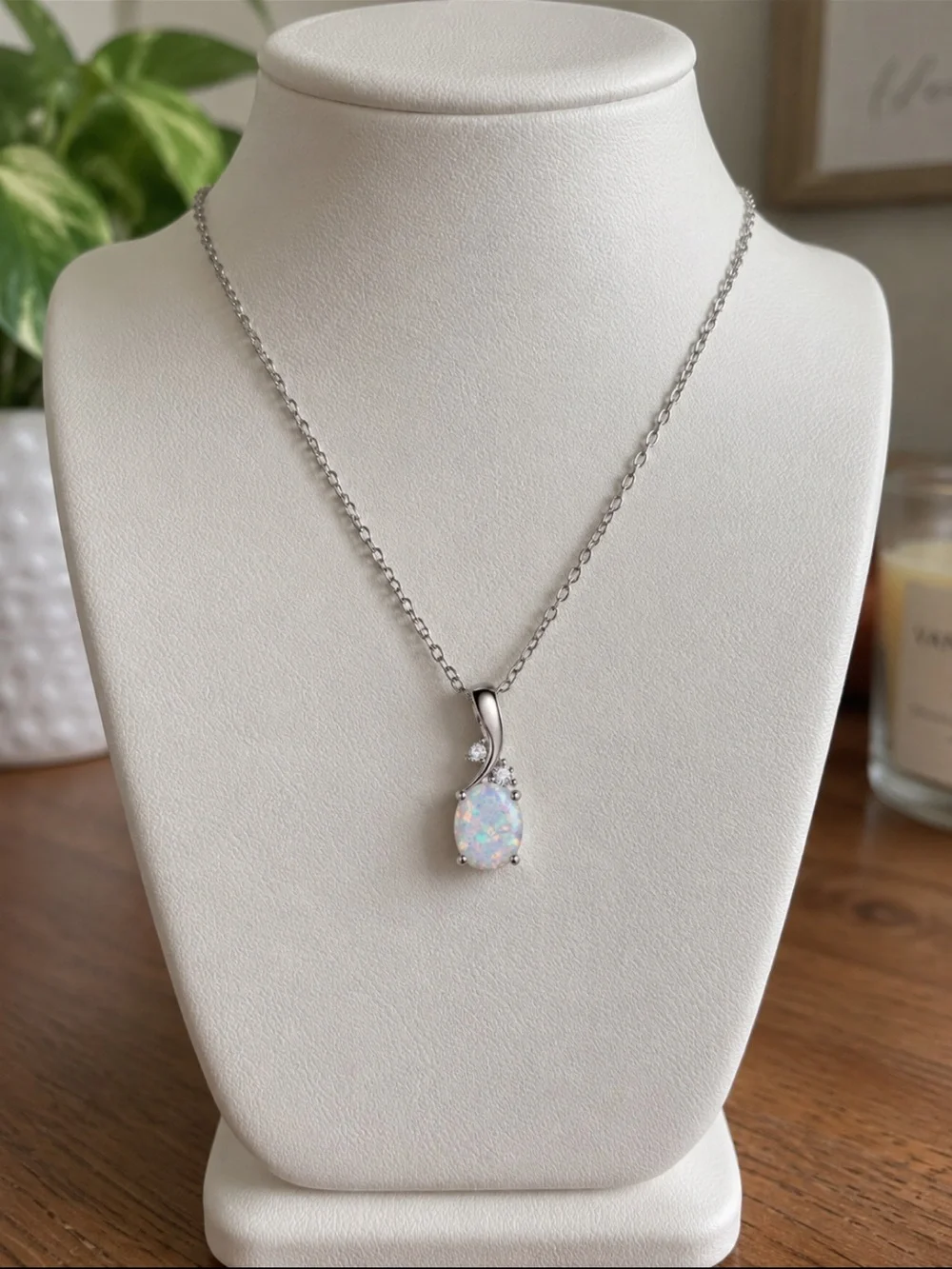 White Opal Solitaire Pendant Necklace Silver Oval 8MM October Birthstone 16-18”